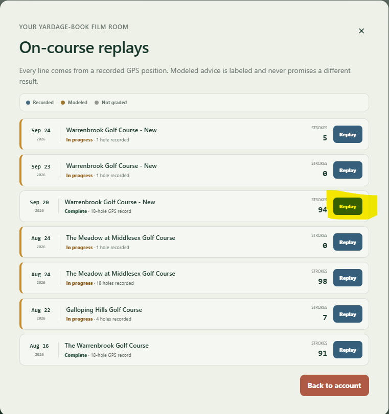 Jetta on-course replay selection screen