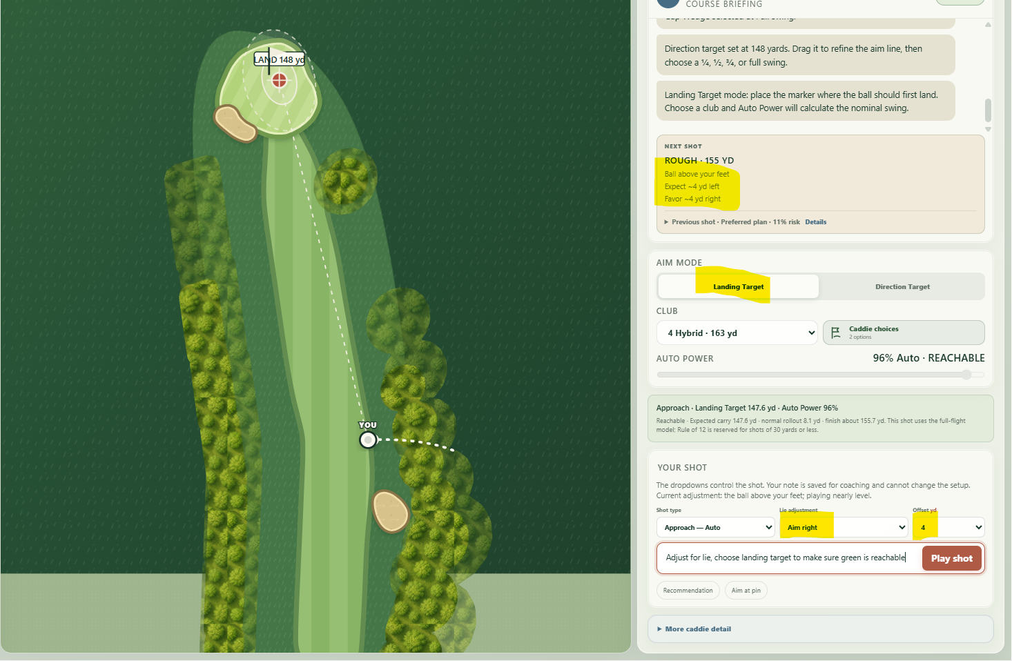 Landing target and lie adjustment screen
