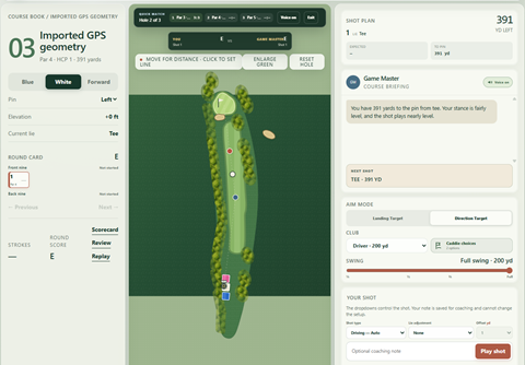 Jetta golf simulation shot planning screen showing a 3-hole match decision