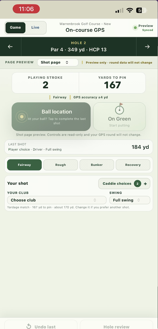 Jetta mobile GPS ball location and club choice screen