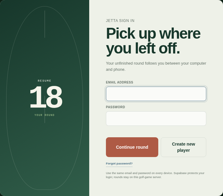 Jetta sign-in screen with email, password, Continue round, and Create new player controls